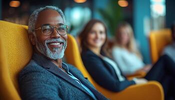 Smiling adults sitting indoors, looking at camera happily generated by AI photo