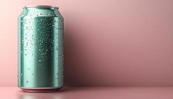Refreshing soda drop on wet metallic bottle surface generated by AI photo