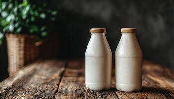 Rustic table with fresh food and drink bottle generated by AI photo
