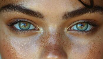 Beautiful woman staring at camera with wet eyes generated by AI photo