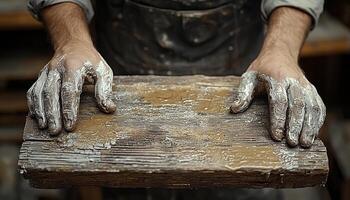 Carpenter working with wood in workshop making plank generated by AI photo