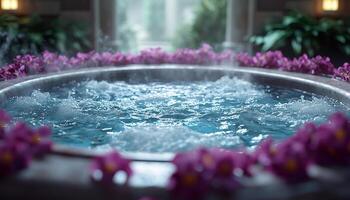 Purple flower blooms in fresh water swimming pool generated by AI photo