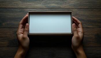Hand holding smart phone on empty wooden table generated by AI photo