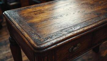 Antique table with ornate drawer in rustic home generated by AI photo