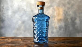 Wooden table with whiskey bottle and glass container generated by AI photo