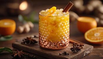 Fresh citrus fruit cocktail on rustic wooden table generated by AI photo