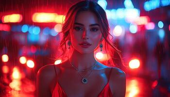 Beautiful woman in nightclub, smiling, looking at camera generated by AI photo
