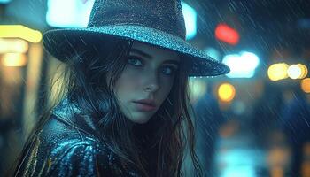 Beautiful young woman in the rain, looking elegant generated by AI photo