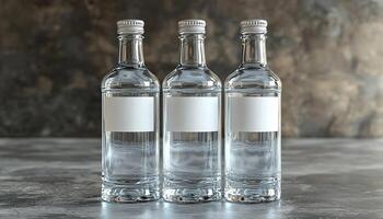 Glass bottle filled with fresh whiskey on table generated by AI photo