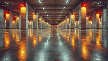 Dark underground corridor with bright illuminated futuristic ceiling generated by AI photo