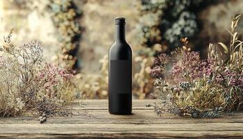 Fresh wine bottle on rustic wooden table, nature drink generated by AI photo