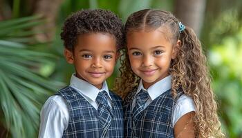 Smiling child looking at camera, cheerful portrait cute generated by AI photo