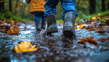 Men walking in wet forest, running in rain generated by AI photo