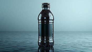 Refreshing water in glass bottle with reflection wave generated by AI photo