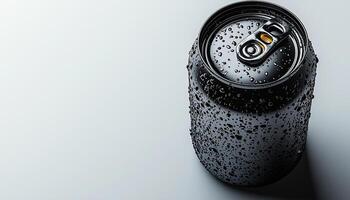 Refreshing soda in metal can with water droplets generated by AI photo