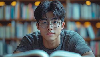 Serious schoolboy studying in library, looking at camera generated by AI photo