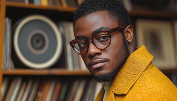 Confident African man studying in library, looking serious generated by AI photo