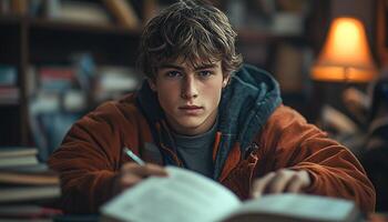 Caucasian man studying, reading book, looking at camera generated by AI photo