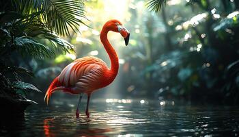 Bird with vibrant pink feathers standing in water generated by AI photo