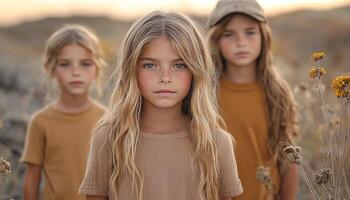 Children standing in nature, smiling, looking at camera generated by AI photo