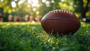 Playing soccer on green grass field, sports equipment generated by AI photo