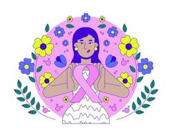 South asian feminist movement of pink ribbon 2D illustration concept. Breast cancer solidarity. Indian young woman femininity cartoon character isolated on white. Metaphor abstract flat graphic vector