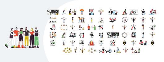 Lifestyle human relationships cartoon flat illustrations mega bundle. Archetypes. Smartphone addiction. Protest. Daily routine 2D images isolated on white. Collection drawings colorful vector