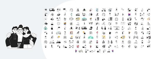 Multiracial lifestyles outline illustrations mega bundle. Wedding ceremony. LGBT pride. Online shopping. Mental health. Heatstroke 2D linear images isolated. Collection black and white drawings vector