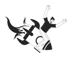 Caucasian man falling down on rocket black and white 2D line character. Startup fail. Business failure. Guy collapsing on space shuttle isolated outline person. Monochromatic spot illustration vector
