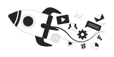 Innovative social media startup rocket black and white 2D line object. Start up business multimedia. Entrepreneurship rocketship isolated clip art outline item. Monochromatic spot illustration vector