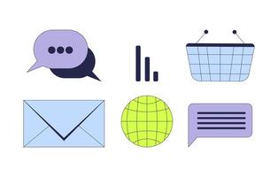 Digital communication social network 2D cartoon objects set. Online media analysis. Basket. Messaging email isolated elements flat cliparts on white background. Spot illustrations collection vector
