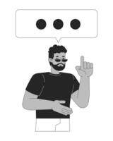 Black man holding index finger up with talk box black and white 2D line character. African american guy sunglasses dialogue balloon isolated outline person. Monochromatic spot illustration vector