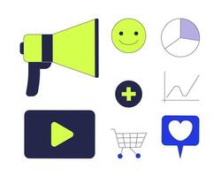 Social media marketing 2D cartoon objects set. Marketplace ecommerce. Analytics. Shopping cart megaphone isolated elements flat cliparts on white background. Spot illustrations collection vector