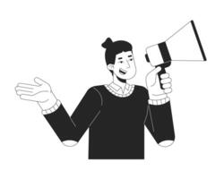 Communicative caucasian man talking through megaphone black and white 2D line character. Male activist promoting with loudspeaker isolated outline person. Monochromatic spot illustration vector