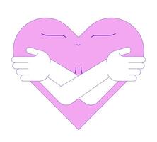Self-compassion and breast cancer 2D illustration concept. Mental health. Self care behavior. Happy heart hugging self cartoon character isolated on white. Metaphor abstract flat graphic vector