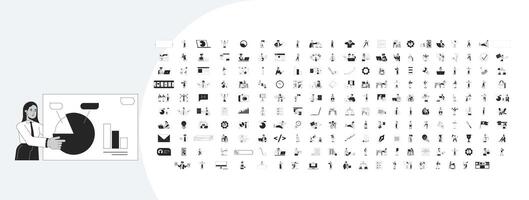 Professions and office life outline illustrations mega bundle. Project management. Job search programming. Employee deadline 2D linear images isolated. Collection black and white drawings vector