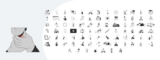 Medicine and health outline illustrations mega bundle. E doctor. SAD depression. Disorder mental. Flu vaccine. Illness symptoms 2D linear images isolated. Collection black and white drawings vector