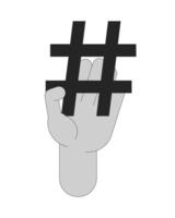 Hand holding hashtag outline illustration. Categorize content on social media. Keyword phrase microblogging. Hash tag symbol isolated 2D image black and white. Monochromatic drawing clip art vector