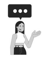 Smiling middle eastern woman with text message bubble black and white 2D line character. Modern arab female talking three dots isolated outline person. Monochromatic spot illustration vector