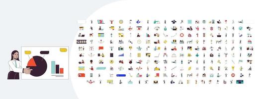 Professions and office life cartoon flat illustrations mega bundle. Project management. Job search programming. Employee deadline 2D images isolated on white. Collection drawings colorful vector