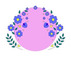 Round pink shape surrounded by spring flowers leaves branches cartoon flat illustration. Circular backdrop floral blossom botanical 2D frame isolated on white background. colorful image vector