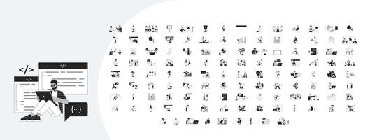 Professional lifestyle outline illustrations mega bundle. Teamwork office. Multitask deadline. Task management. Hiring employees 2D linear images isolated. Collection black and white drawings vector