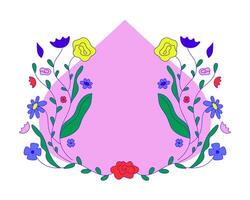 Abstract shape pink backdrop with floral composition cartoon flat illustration. Whimsical varied blooms. Blossom flowers and leaves 2D frame isolated on white background. colorful image vector