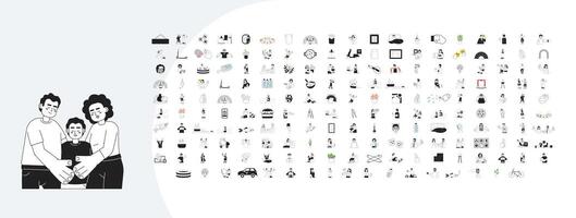 Daily life outline illustrations mega bundle. Diversity wedding. Fast food. Hobbies leisure activity. Heat stroke. 404 error 2D linear images isolated. Collection black and white drawings vector