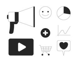 Social media marketing black and white 2D line objects set. Marketplace ecommerce. Analytics. Shopping cart megaphone isolated clip arts outline items collection. Monochrome spot illustrations vector