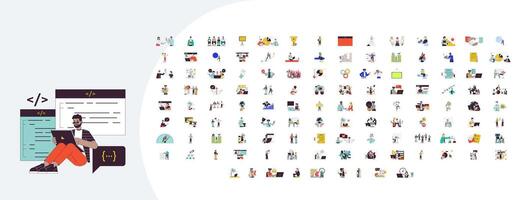Professional lifestyle cartoon flat illustrations mega bundle. Teamwork office. Multitask deadline. Task management. Hiring employees 2D images isolated on white. Collection drawings colorful vector