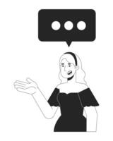Blonde woman gesturing with chat bubble three dots black and white 2D line character. Caucasian female messaging talking balloon isolated outline person. Monochromatic spot illustration vector