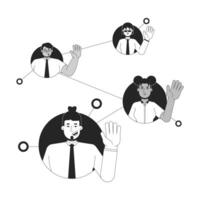 Networking connected people diverse black and white 2D line characters. Coordination teamwork. Collaboration community. Team members isolated outline people. Monochromatic spot illustration vector