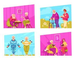 Elderly care hand drawn mini compositions set vector