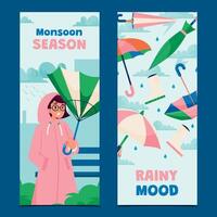 Hand drawn flat monsoon season banner set vector